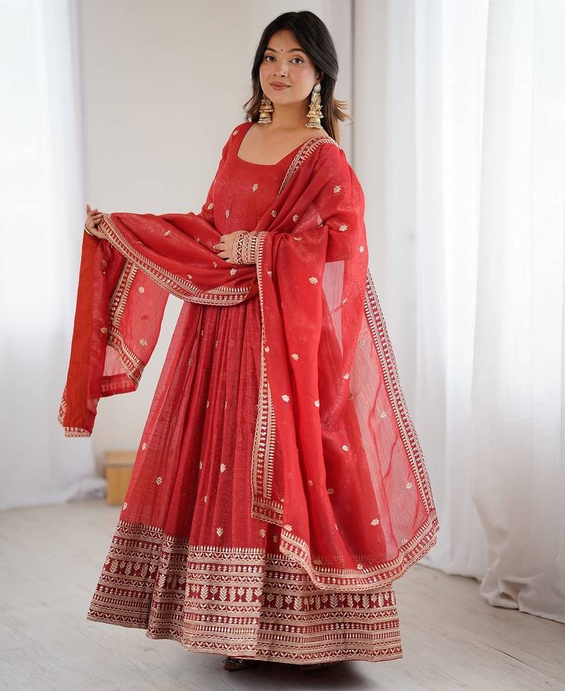 rust embroidered anarkali with dupatta