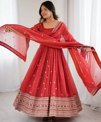rust embroidered anarkali with dupatta 2
