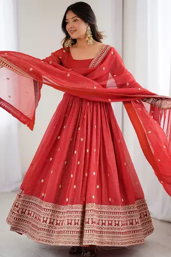 rust embroidered anarkali with dupatta