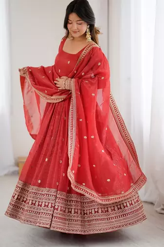 rust embroidered anarkali with dupatta