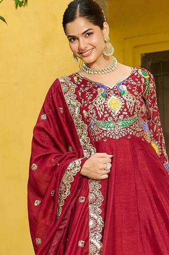 Maroon Vichitra Silk With Rich Embroidered Zari & Thread Work Gown And Duptta