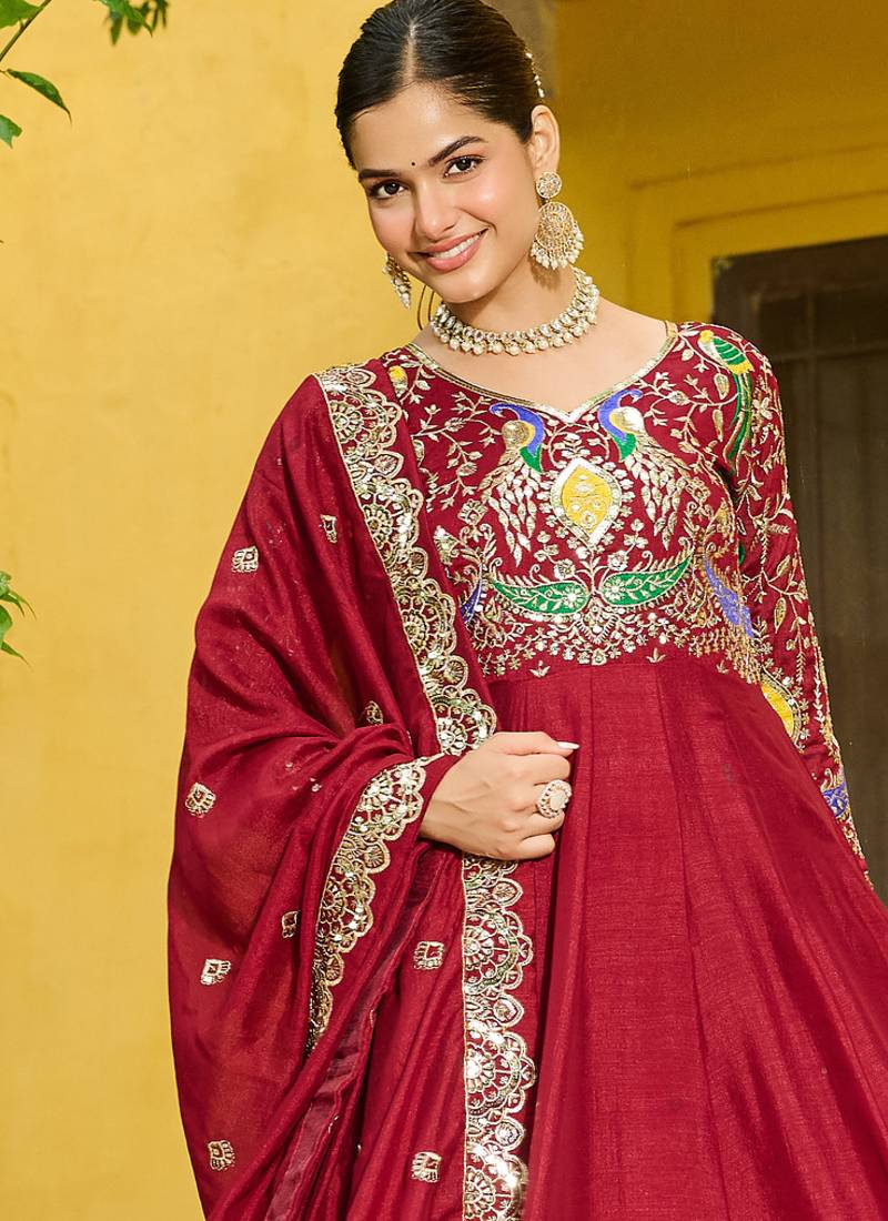 Maroon Vichitra Silk With Rich Embroidered Zari & Thread Work Gown And Duptta