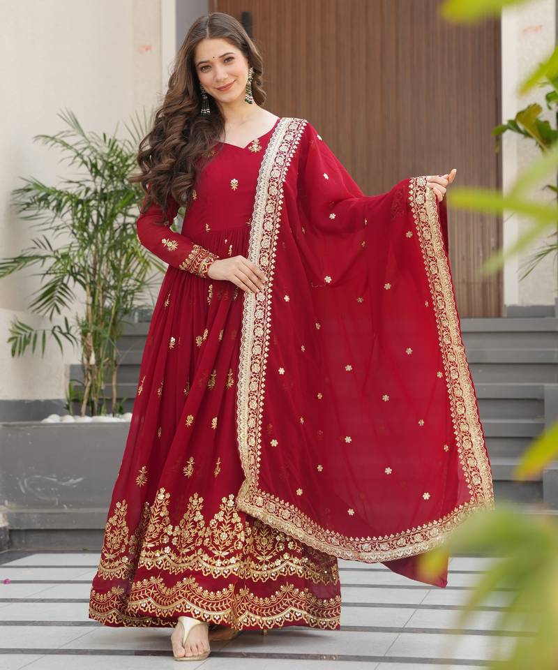 Maroon Faux Georgette sequins Zari embroidered Kurti with dupatta