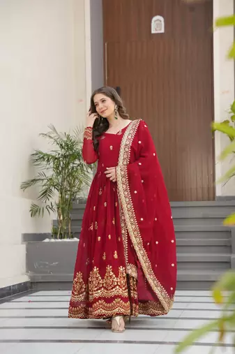 Maroon Faux Georgette sequins Zari embroidered Kurti with dupatta