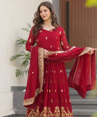 Maroon Faux Georgette sequins Zari embroidered Kurti with dupatta 5