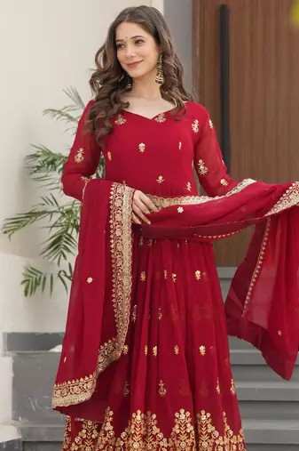 Maroon Faux Georgette sequins Zari embroidered Kurti with dupatta