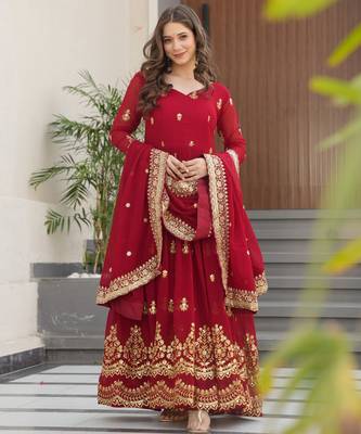 Maroon Faux Georgette sequins Zari embroidered Kurti with dupatta 6