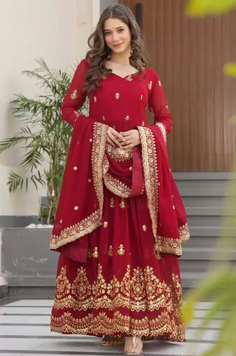 Maroon Faux Georgette sequins Zari embroidered Kurti with dupatta