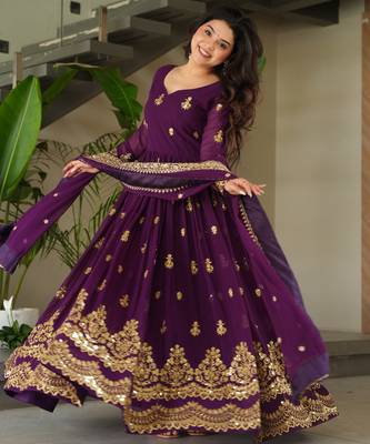 Purple Faux Georgette sequins Zari embroidered Kurti with dupatta 3