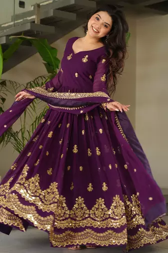 Purple Faux Georgette sequins Zari embroidered Kurti with dupatta