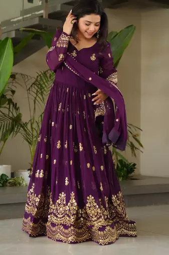 Purple Faux Georgette sequins Zari embroidered Kurti with dupatta