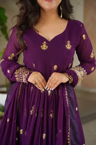 Purple Faux Georgette sequins Zari embroidered Kurti with dupatta