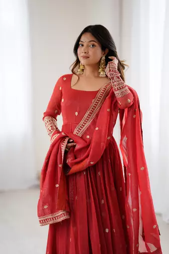 Red embroidered zari silk anarkali with dupatta