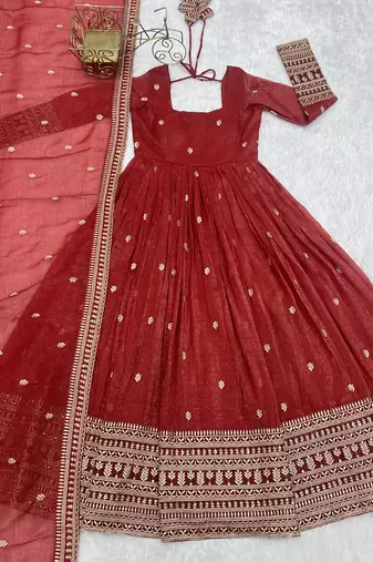 Red embroidered zari silk anarkali with dupatta