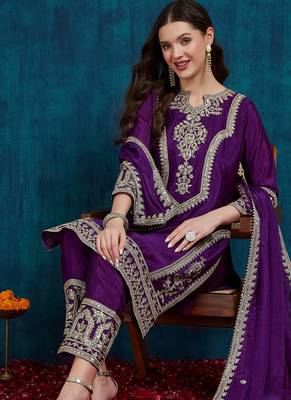 women's stylish embroidered purple kurta pant with dupatta for festive look 1