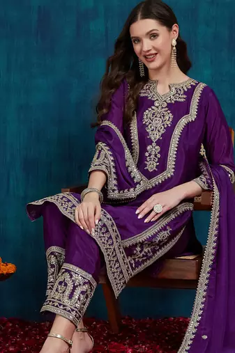 Riva enterprise women's stylish embroidered purple kurta pant with dupatta for festive look