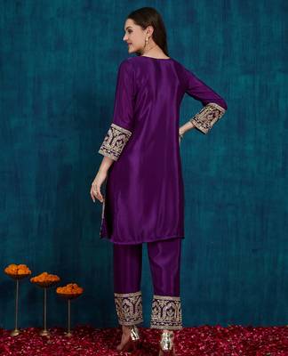 women's stylish embroidered purple kurta pant with dupatta for festive look 2