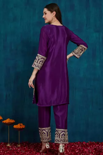 women's stylish embroidered purple kurta pant with dupatta for festive look