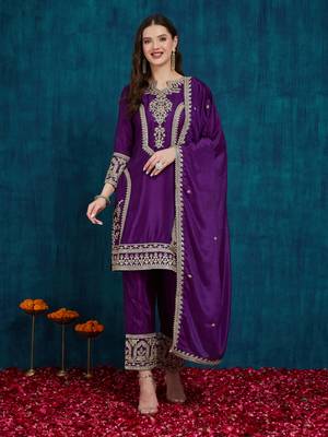 women's stylish embroidered purple kurta pant with dupatta for festive look 3