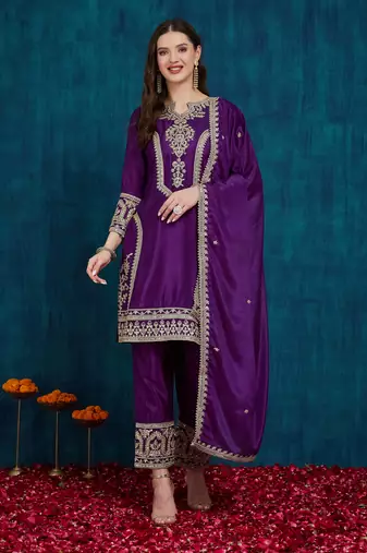 women's stylish embroidered purple kurta pant with dupatta for festive look
