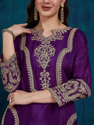 women's stylish embroidered purple kurta pant with dupatta for festive look 4