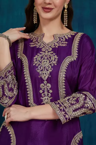 women's stylish embroidered purple kurta pant with dupatta for festive look