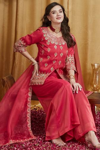 Riva enterprise women's festive wear shimmer silk embroidered kurta set with matching dupatta