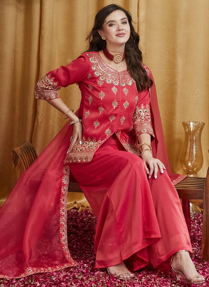 Riva enterprise women's festive wear shimmer silk embroidered kurta set with matching dupatta