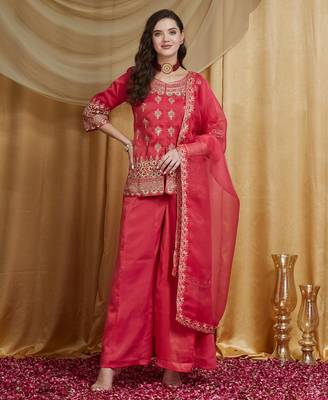Riva enterprise women's festive wear shimmer silk embroidered kurta set with matching dupatta 3
