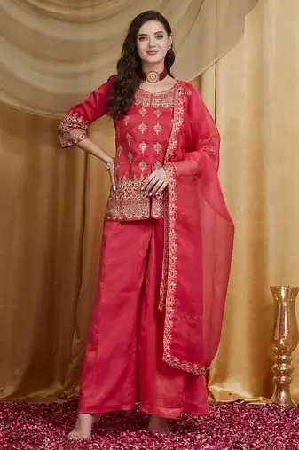 Riva enterprise women's festive wear shimmer silk embroidered kurta set with matching dupatta