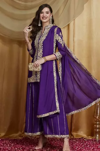 Riva enterprise women's cording and sequin work chinon kurta set with dupatta