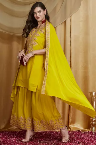 Riva enterprise women's festive wear kurta sharara dupatta set with embroidery work