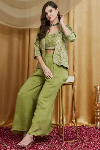 Riva enterprise women's vichitra silk three-piece set with jacket and embroidered choli