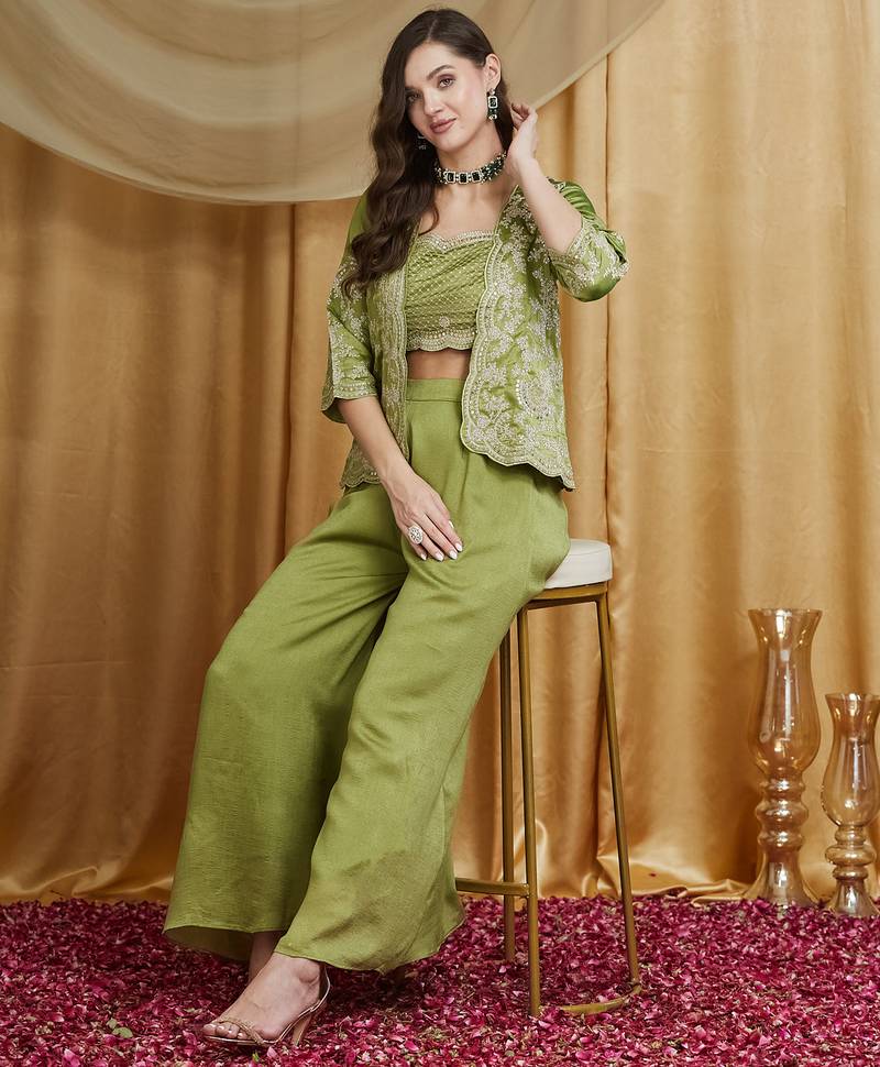 Riva enterprise women's vichitra silk three-piece set with jacket and embroidered choli