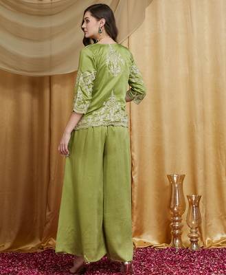Riva enterprise women's vichitra silk three-piece set with jacket and embroidered choli 2