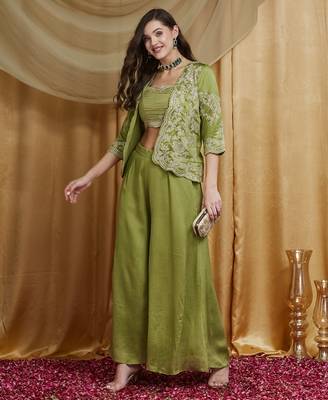 Riva enterprise women's vichitra silk three-piece set with jacket and embroidered choli 3