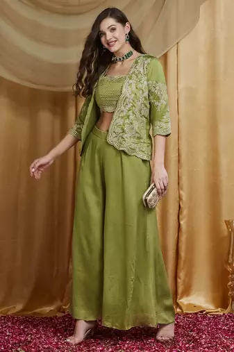 Riva enterprise women's vichitra silk three-piece set with jacket and embroidered choli