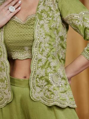 Riva enterprise women's vichitra silk three-piece set with jacket and embroidered choli 4