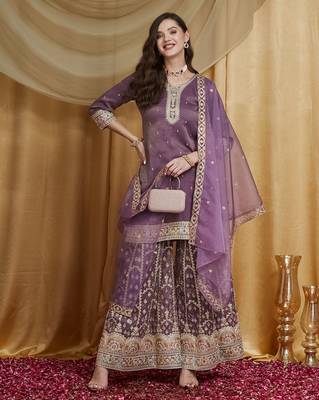 Riva enterprise women's festive wear lavender kurta set with palazzo and embroidered dupatta 1