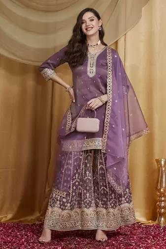 Riva enterprise women's festive wear lavender kurta set with palazzo and embroidered dupatta