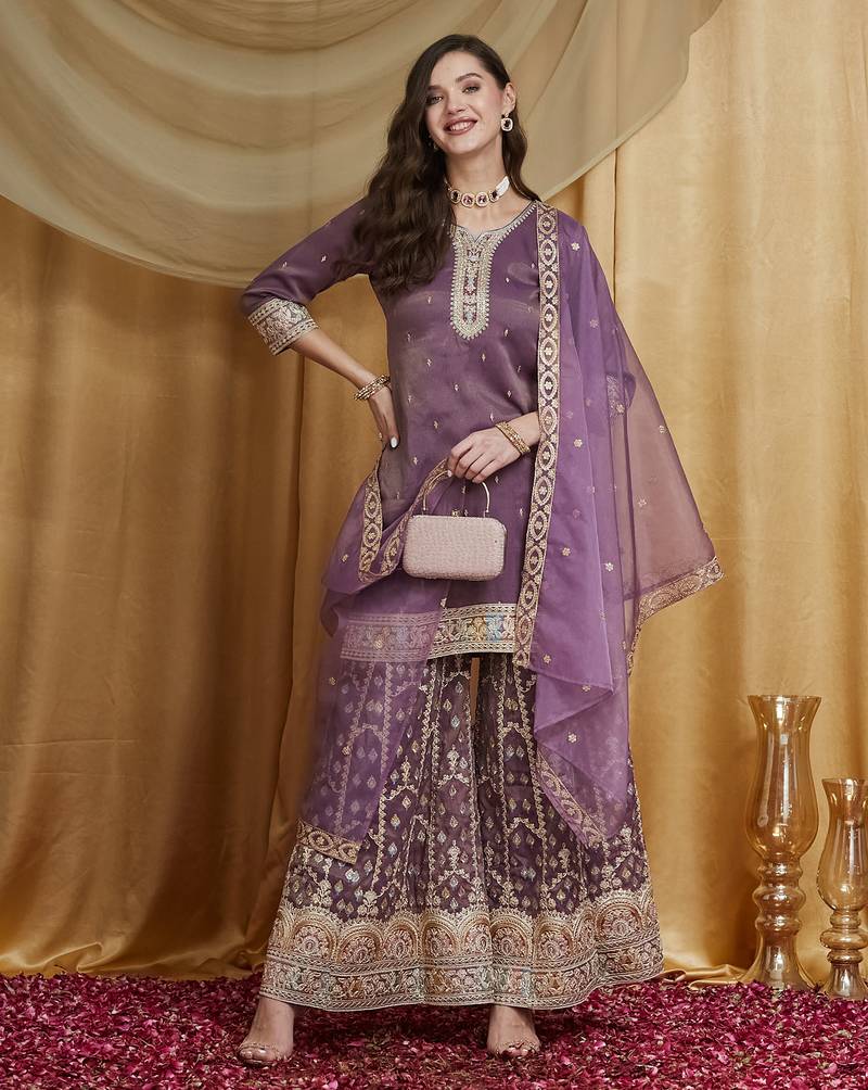 Riva enterprise women's festive wear lavender kurta set with palazzo and embroidered dupatta