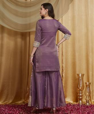 Riva enterprise women's festive wear lavender kurta set with palazzo and embroidered dupatta 2