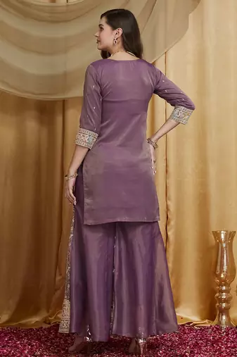 Riva enterprise women's festive wear lavender kurta set with palazzo and embroidered dupatta