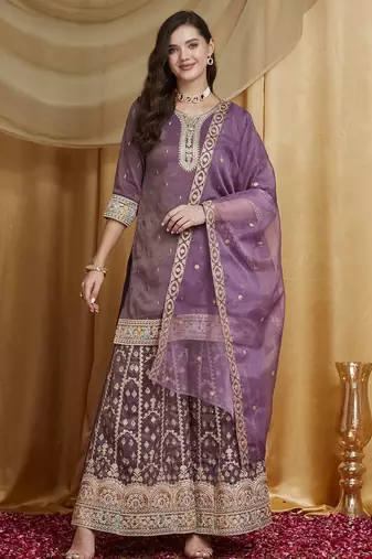 Riva enterprise women's festive wear lavender kurta set with palazzo and embroidered dupatta