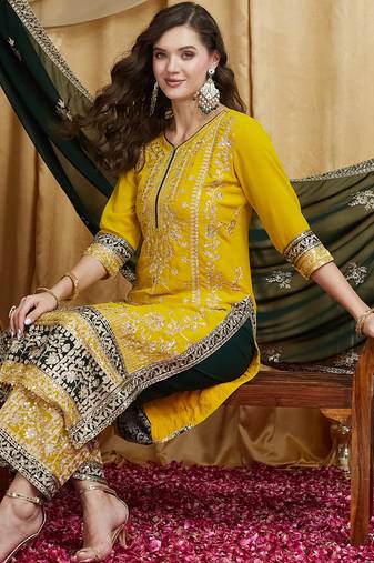 women's faux georgette fabric zari embroidery kurtaset with dupatta