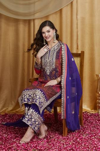 Riva enterprise women's faux georgette fabric zari embroidery kurtaset with dupatta