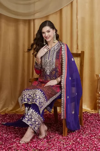 women's faux georgette fabric zari embroidery kurtaset with dupatta