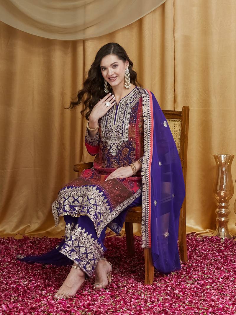 Riva enterprise women's faux georgette fabric zari embroidery kurtaset with dupatta