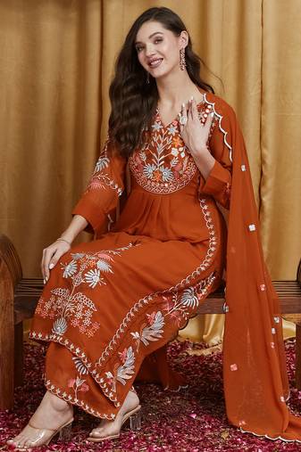 Riva enterprise women's faux georgette fabric thread embroidery kurta set with dupatta