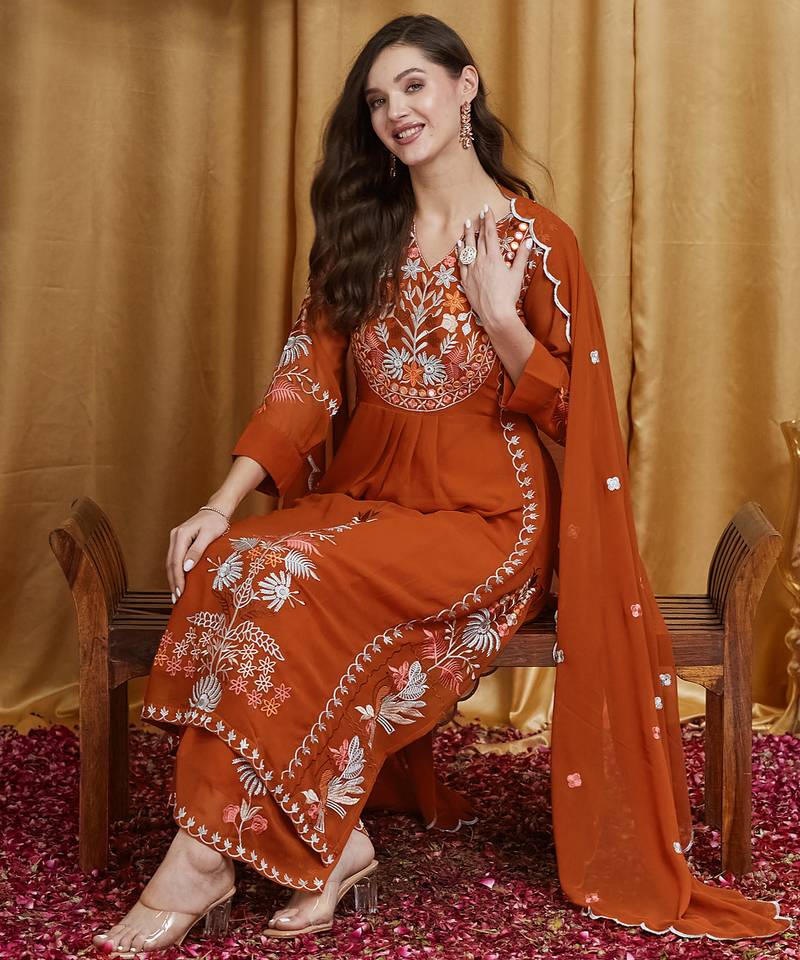 Riva enterprise women's faux georgette fabric thread embroidery kurta set with dupatta